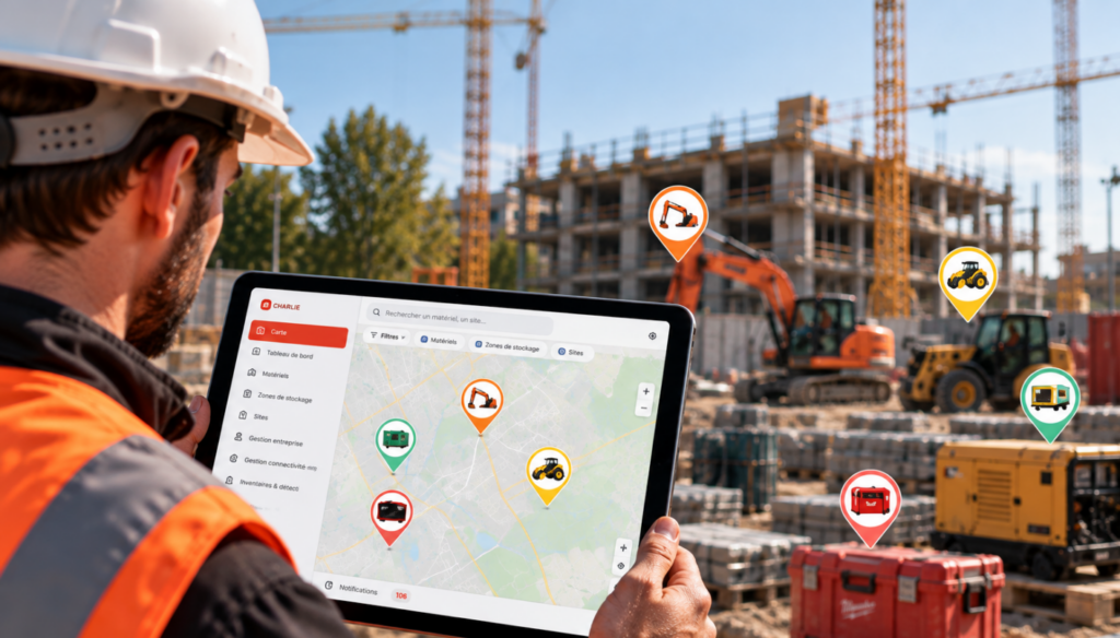 Responsable matériel consultant la géolocalisation de ses équipements de chantier sur une tablette. Copier