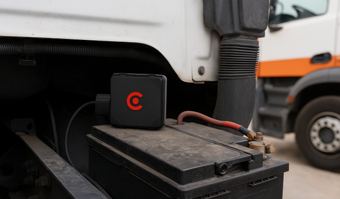 Photo du tracker GPS GC234 fixé sur un véhicule de chantier