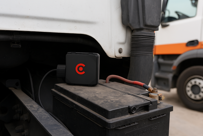 Photo du tracker GPS GC234 fixé sur un véhicule de chantier